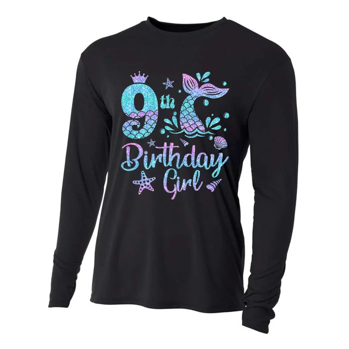 Mermaid Birthday Girl 9 Year Old Its My 9th Bday Mermaid Cooling Performance Long Sleeve Crew