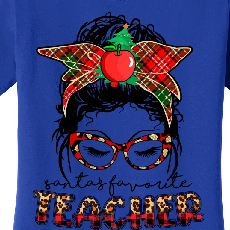 Messy Bun Glasses Leopard Xmas SantaS Favorite Teacher Gift Women's T-Shirt