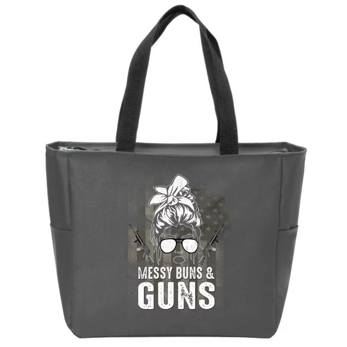 Messy Buns & Guns American Flag Funny Pro Gun Zip Tote Bag