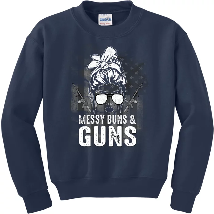 Messy Buns & Guns American Flag Funny Pro Gun Kids Sweatshirt