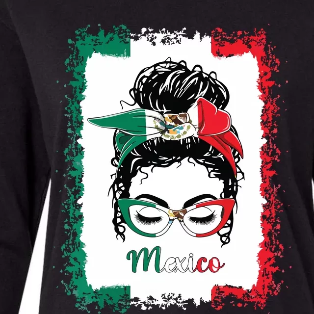 Messy Bun Girl Mexico Flag Mexican Womens Cotton Relaxed Long Sleeve T-Shirt