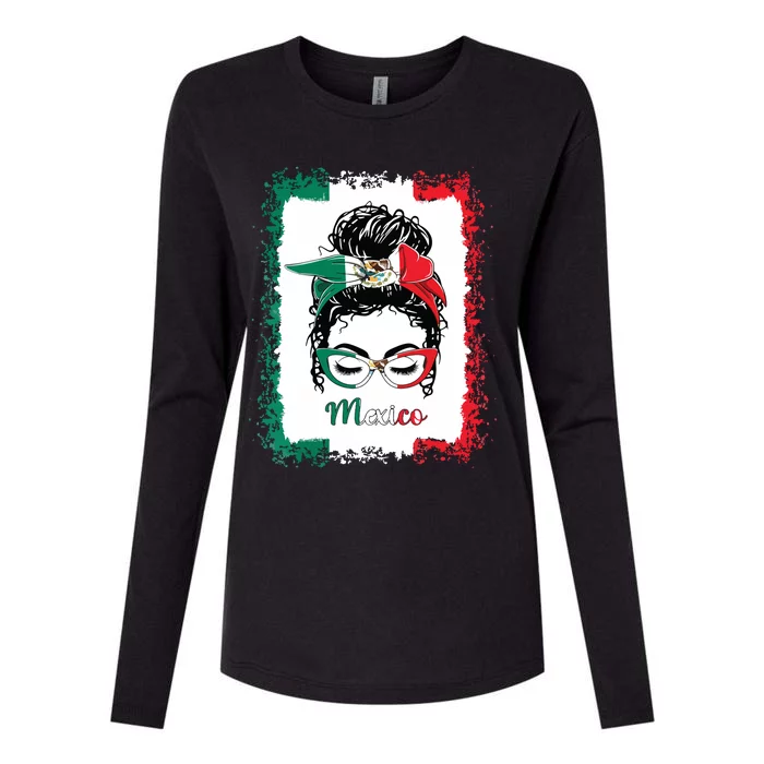 Messy Bun Girl Mexico Flag Mexican Womens Cotton Relaxed Long Sleeve T-Shirt