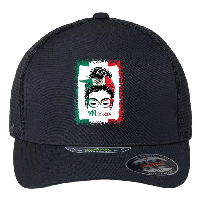 Messy Bun Girl Mexico Flag Mexican Flexfit Unipanel Trucker Cap