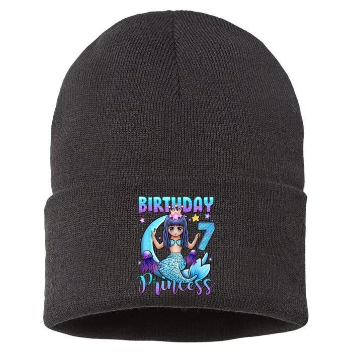 Mermaid Birthday Girl 7 Years Old Mermaid 7th Birthday Girls Sustainable Knit Beanie