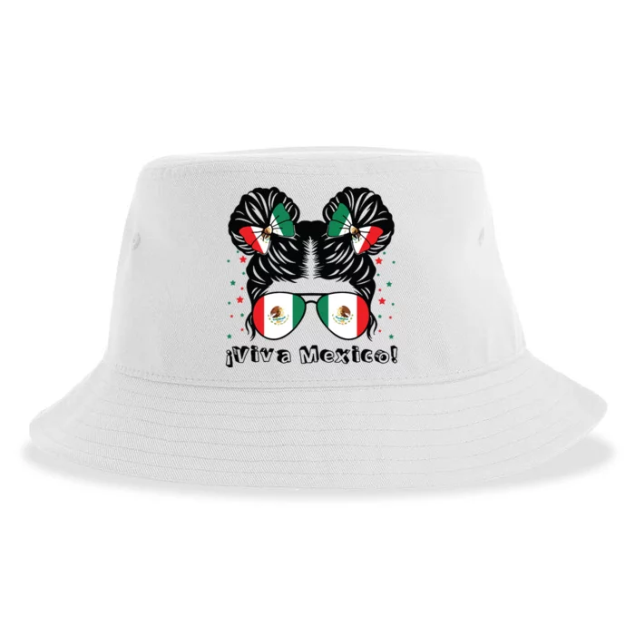 Messy Bun Girl Viva Mexico Independence Day Mexican Flag Sustainable Bucket Hat