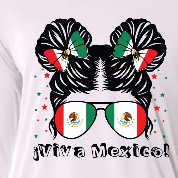 Messy Bun Girl Viva Mexico Independence Day Mexican Flag Cooling Performance Long Sleeve Crew