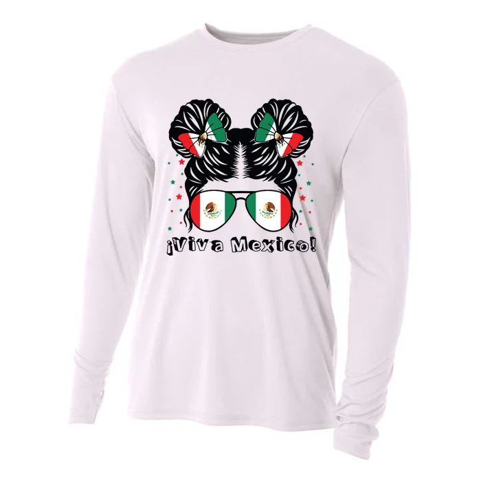 Messy Bun Girl Viva Mexico Independence Day Mexican Flag Cooling Performance Long Sleeve Crew