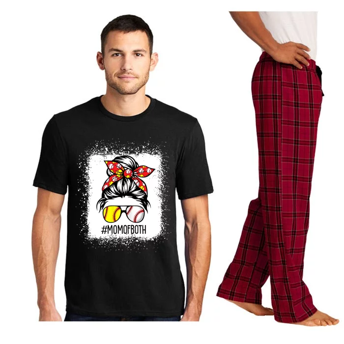 Messy Bun Hair Mom Of Both Softball And Baseball Bleached Gift Pajama Set