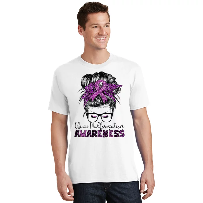 Messy Bun Hair Leopard Ribbon Chiari Malformation Awareness T-Shirt