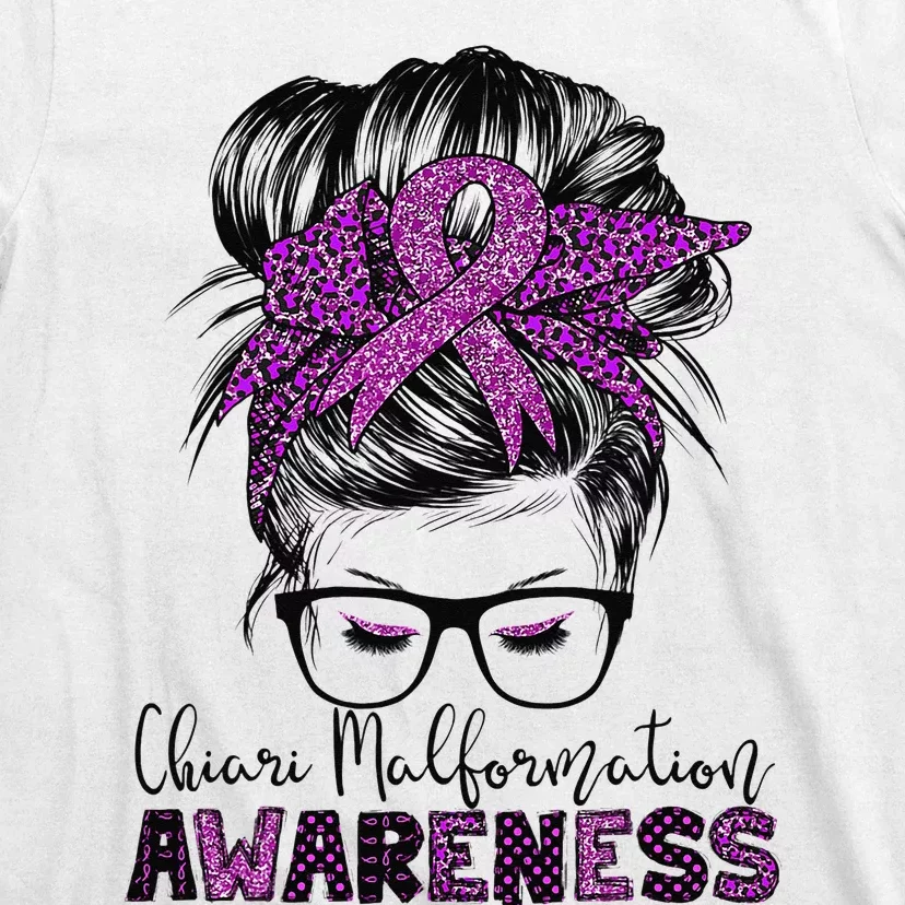 Messy Bun Hair Leopard Ribbon Chiari Malformation Awareness T-Shirt