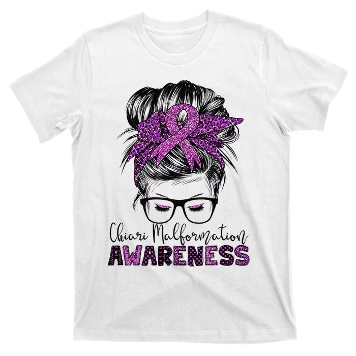 Messy Bun Hair Leopard Ribbon Chiari Malformation Awareness T-Shirt