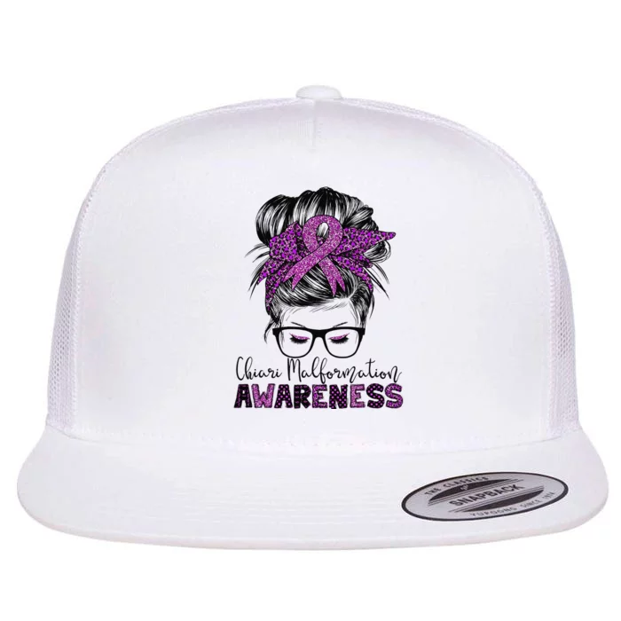 Messy Bun Hair Leopard Ribbon Chiari Malformation Awareness Flat Bill Trucker Hat