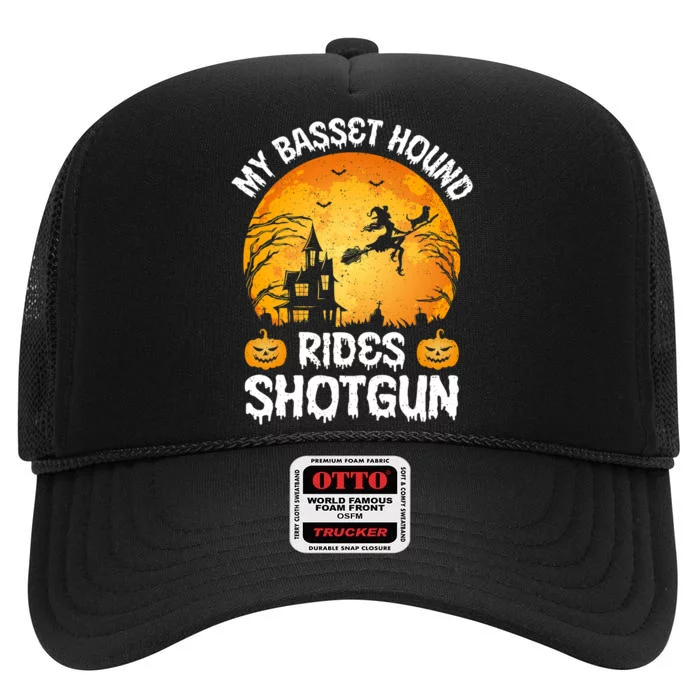 My Basset Hound Rides Shotgun Halloween High Crown Mesh Trucker Hat