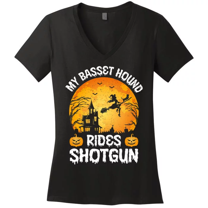 My Basset Hound Rides Shotgun Halloween Women's V-Neck T-Shirt