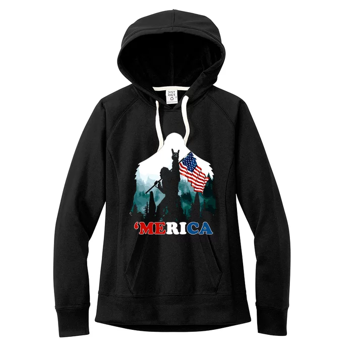 Merica Bigfoot Holding American Flag Usa 4th Of July Bigfoot Women's Fleece Hoodie