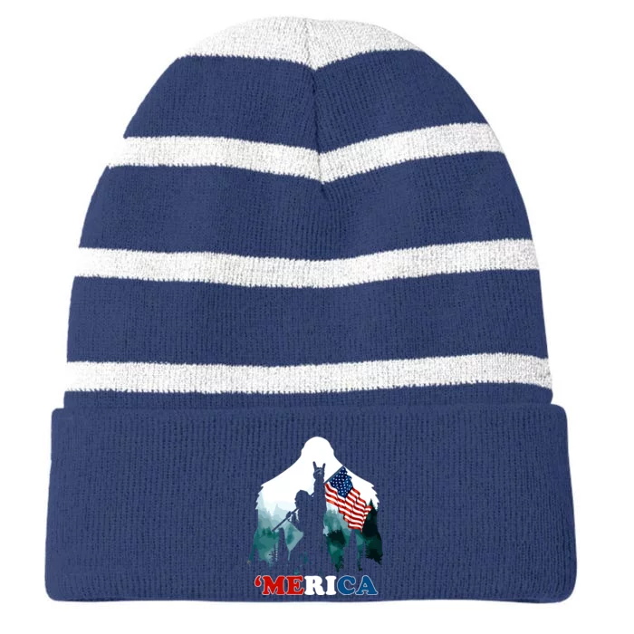 Merica Bigfoot Holding American Flag Usa 4th Of July Bigfoot Striped Beanie with Solid Band