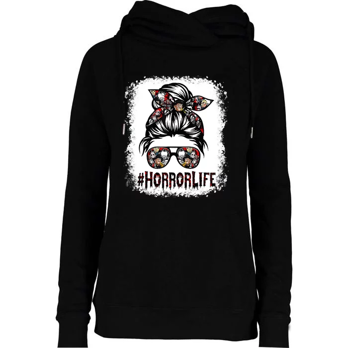 Messy Bun Horror Horror Halloween Movie Horror Mom Womens Funnel Neck Pullover Hood