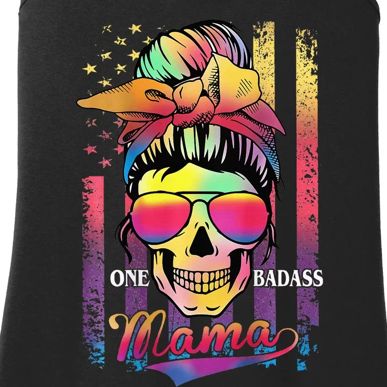 Messy Bun Hair Mom One Badass Mama American Flag Ladies Essential Tank