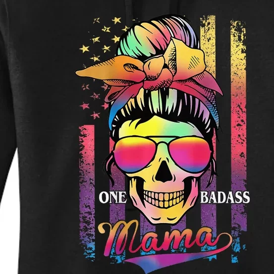 Messy Bun Hair Mom One Badass Mama American Flag Women's Pullover Hoodie