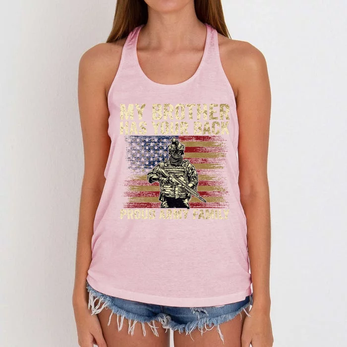 My Brother Has Your Back Proud Army Family Veteran Brother Gift Women's Knotted Racerback Tank