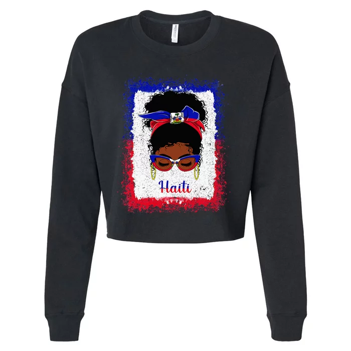 Messy Bun Haitian Haiti Flag Woman Girl Cropped Pullover Crew