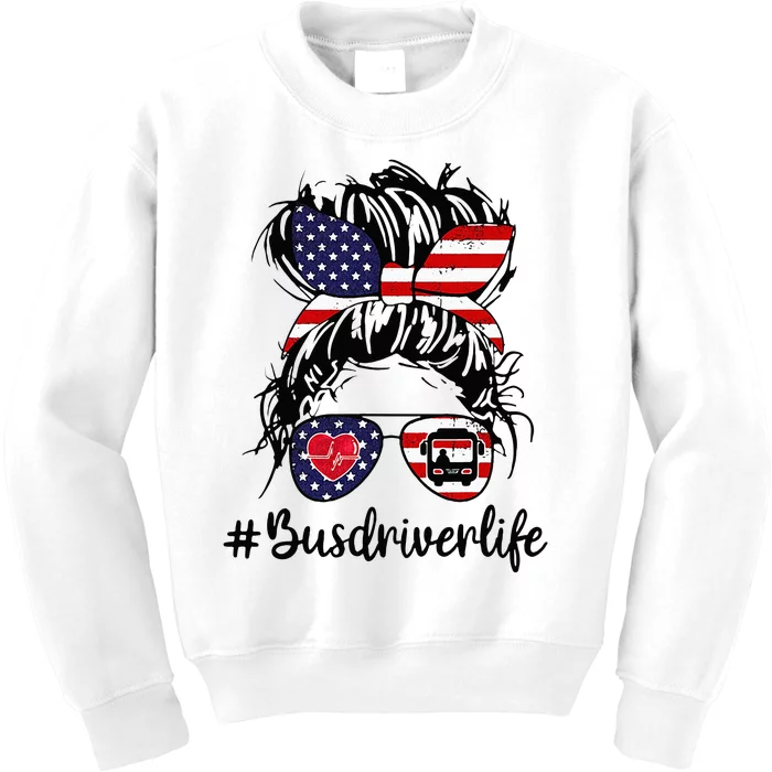 Messy Buns Hair Bus Driver Life American Flag For Women Kids Sweatshirt