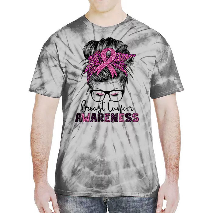 Messy Bun Hair Breast Cancer Awareness Tie-Dye T-Shirt