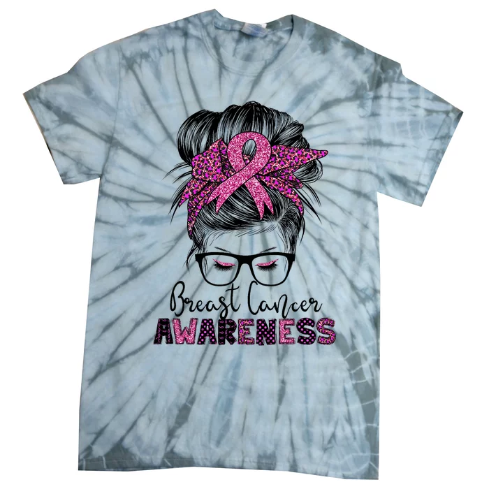 Messy Bun Hair Breast Cancer Awareness Tie-Dye T-Shirt