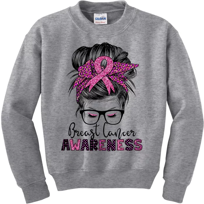 Messy Bun Hair Breast Cancer Awareness Kids Sweatshirt