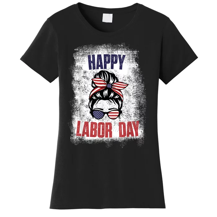 Messy Bun Hair American Flag Happy Labor Day Patriot Women's T-Shirt