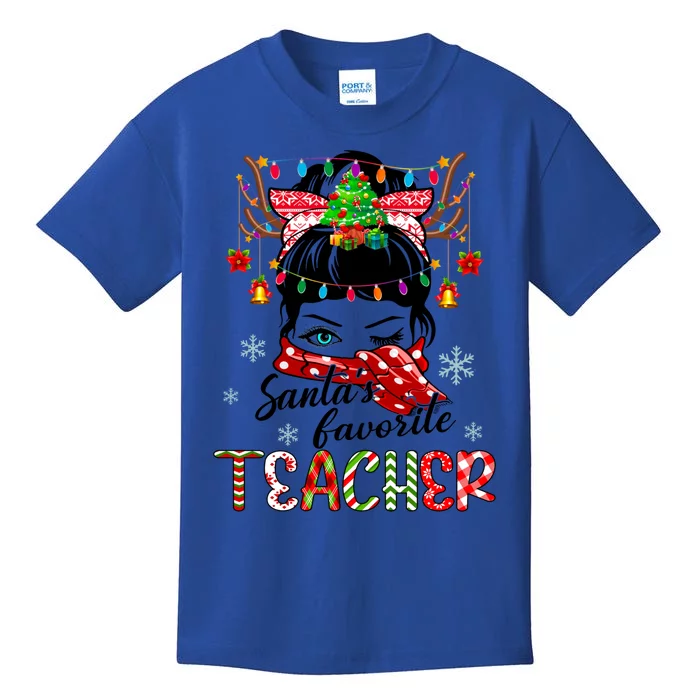 Messy Bun Hair Christmas TreesantaS Favorite Teacher Gift Kids T-Shirt