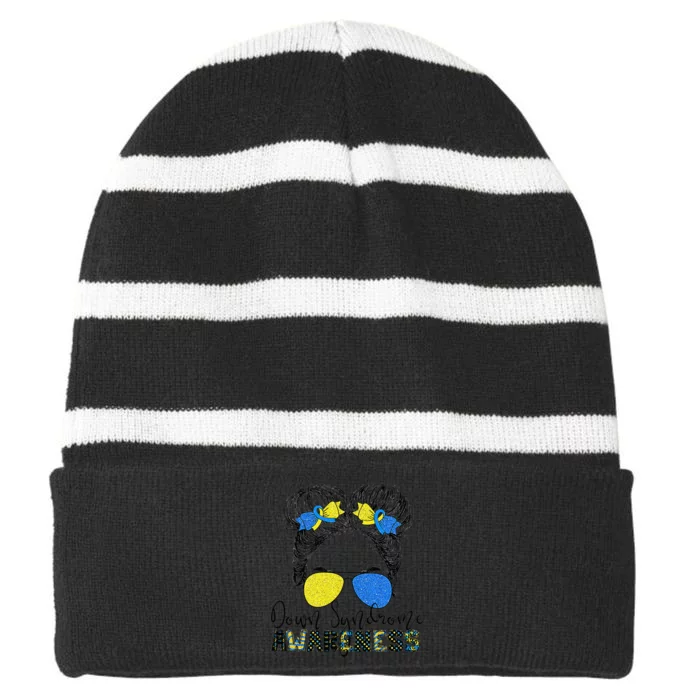 Messy Bun Hair Down Syndrome Awareness Striped Beanie with Solid Band