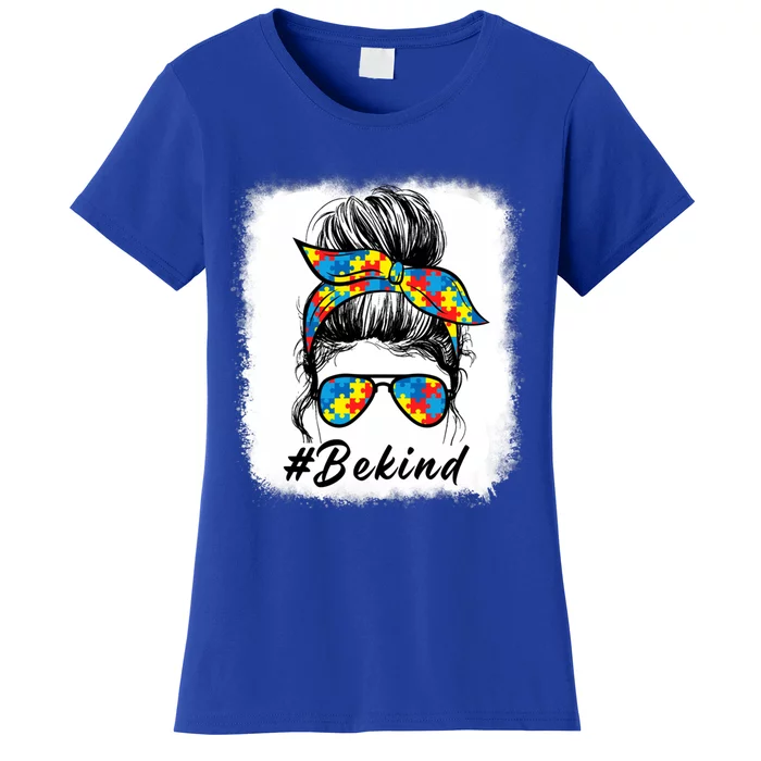 Messy Bun Hair Glasses Be Kind Autism Awareness Day Meaningful Gift Women's T-Shirt