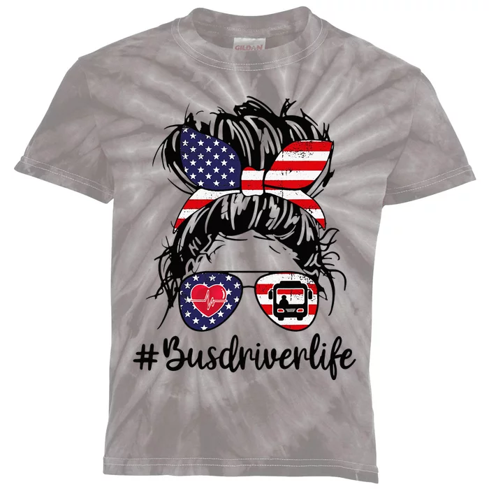 Messy buns hair bus driver life american flag for Kids Tie-Dye T-Shirt