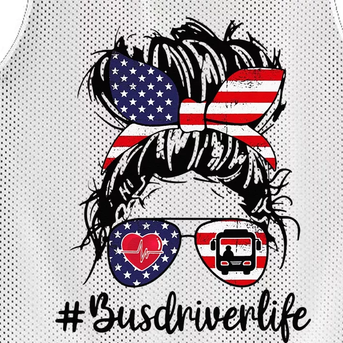 Messy buns hair bus driver life american flag for Mesh Reversible Basketball Jersey Tank