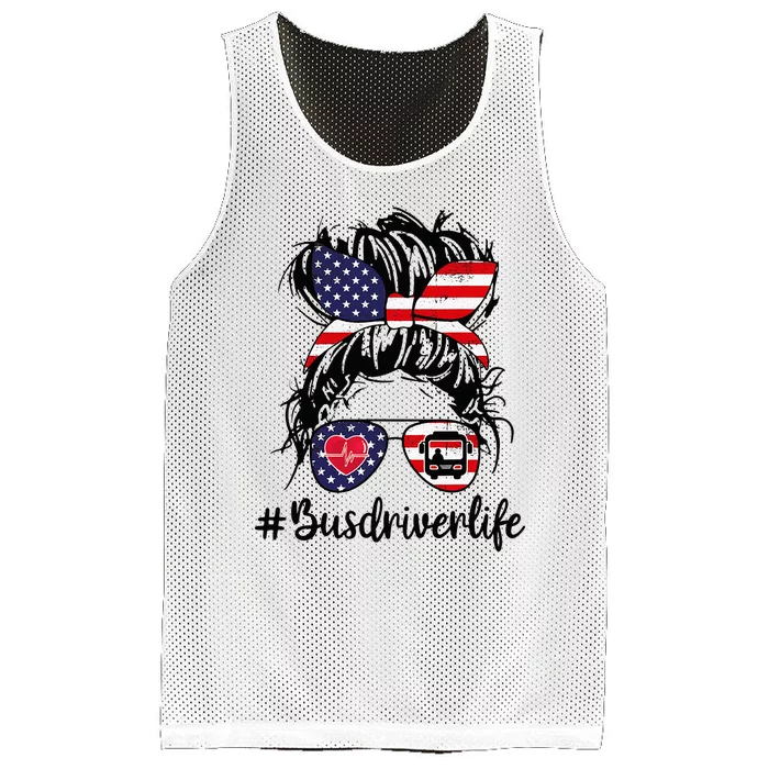 Messy buns hair bus driver life american flag for Mesh Reversible Basketball Jersey Tank