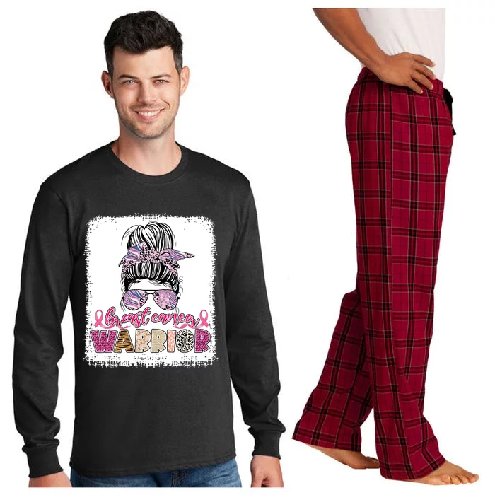 Messy Bun Hair Pink Ribbon Breast Cancer Awareness Long Sleeve Pajama Set