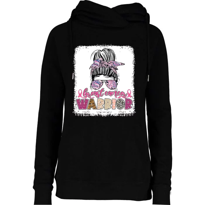 Messy Bun Hair Pink Ribbon Breast Cancer Awareness Womens Funnel Neck Pullover Hood