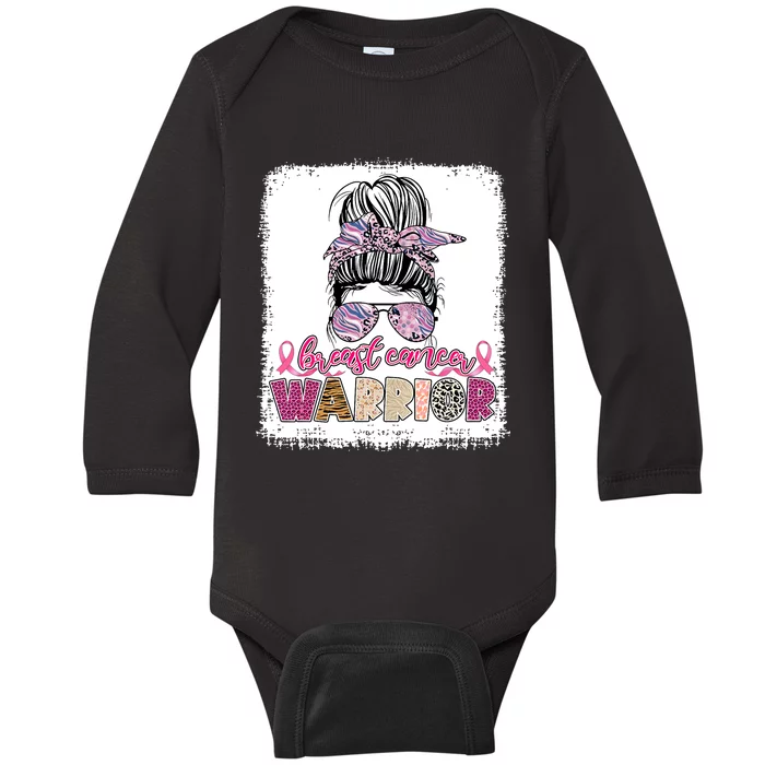 Messy Bun Hair Pink Ribbon Breast Cancer Awareness Baby Long Sleeve Bodysuit