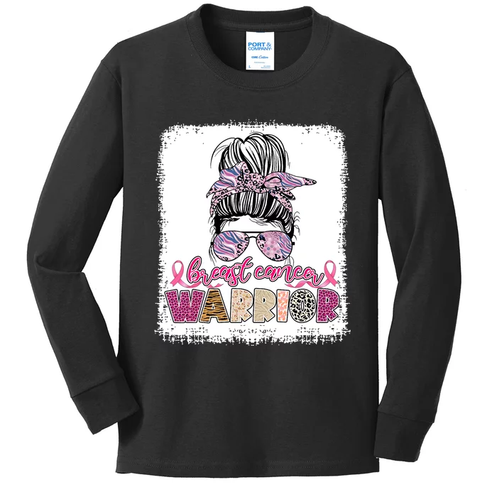 Messy Bun Hair Pink Ribbon Breast Cancer Awareness Kids Long Sleeve Shirt