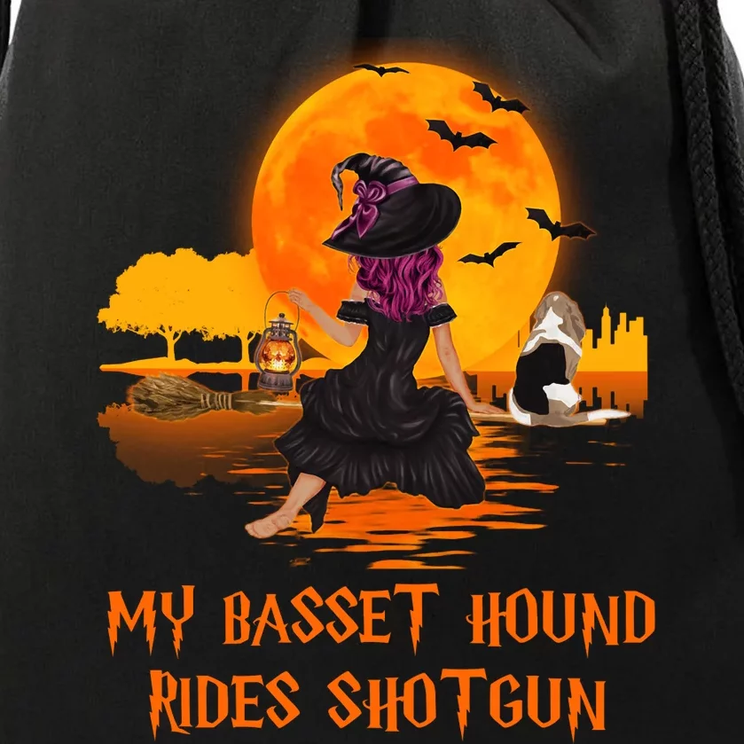 My Basset Hound Rides Shotgun Dog And Witch Funny Halloween Drawstring Bag