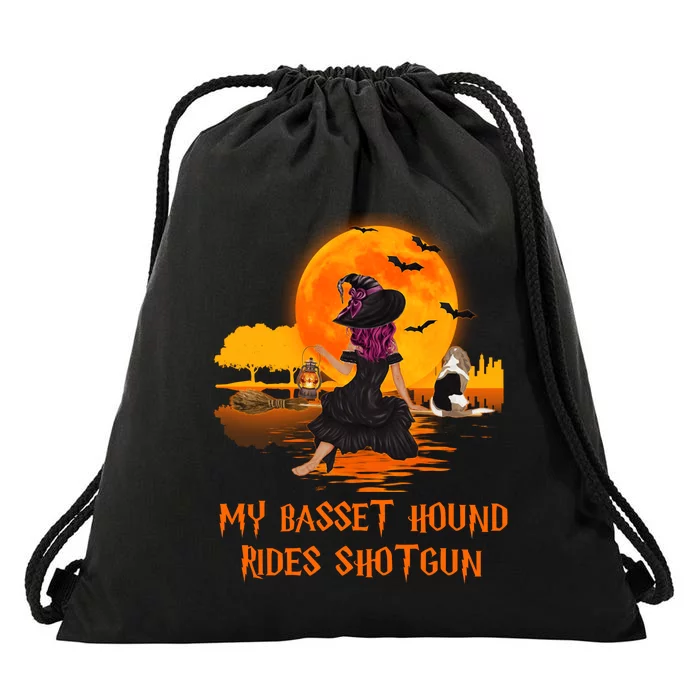 My Basset Hound Rides Shotgun Dog And Witch Funny Halloween Drawstring Bag