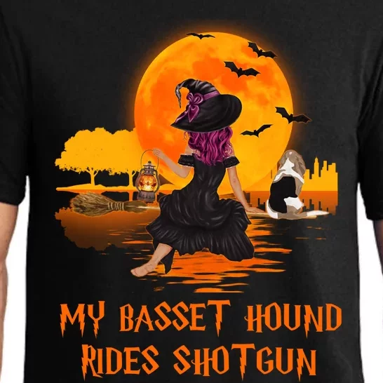 My Basset Hound Rides Shotgun Dog And Witch Funny Halloween Pajama Set