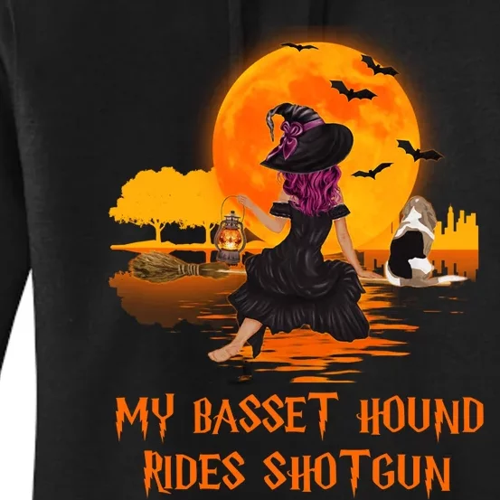 My Basset Hound Rides Shotgun Dog And Witch Funny Halloween Women's Pullover Hoodie