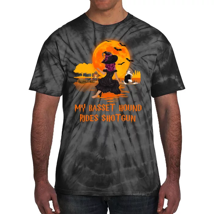 My Basset Hound Rides Shotgun Dog And Witch Funny Halloween Tie-Dye T-Shirt