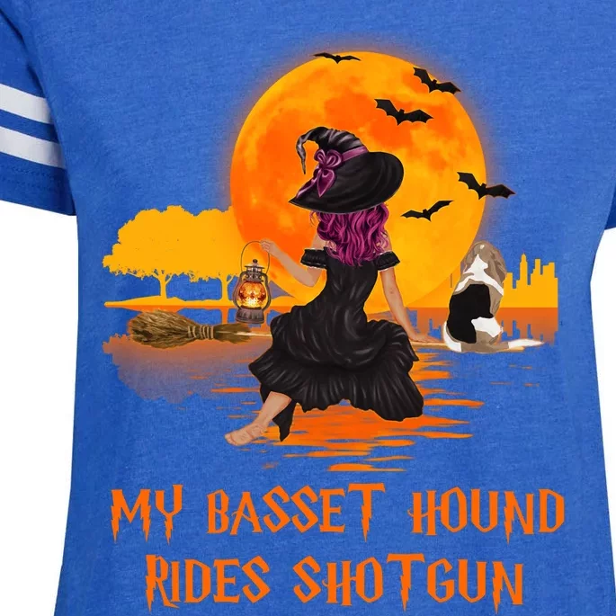 My Basset Hound Rides Shotgun Dog And Witch Funny Halloween Enza Ladies Jersey Football T-Shirt