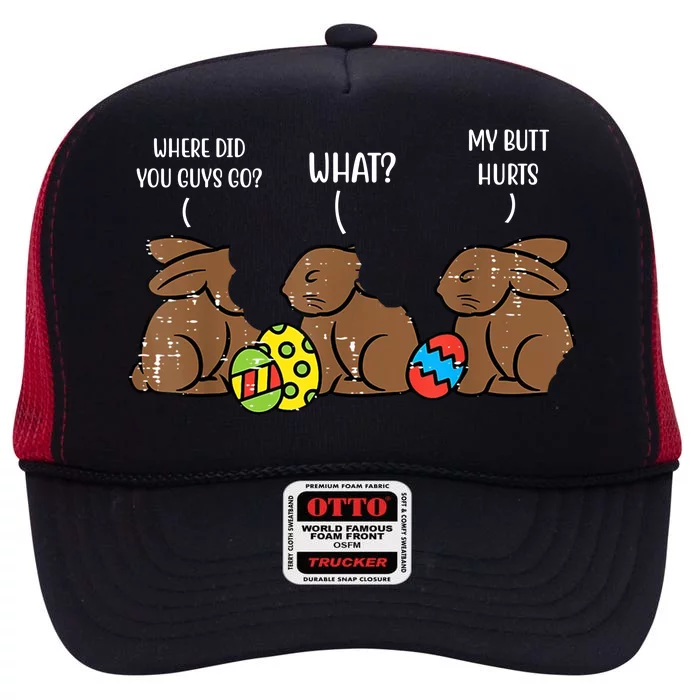 My Butt Hurts Funny Bitten Chocolate Bunny Easter High Crown Mesh Trucker Hat