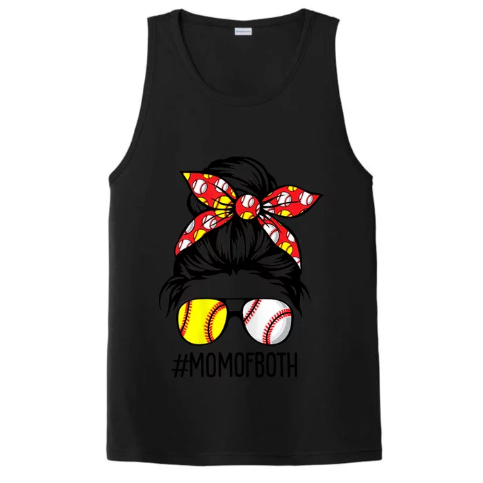 Messy Bun Hair Mom Of Both Softball And Baseball Mothers Day Meaningful Gift Performance Tank