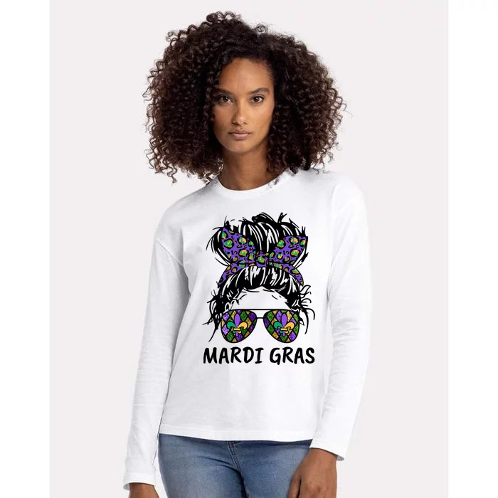 Messy Bun Hair Glasses New Orleans Carnival Mardi Gras Mama Womens Cotton Relaxed Long Sleeve T-Shirt