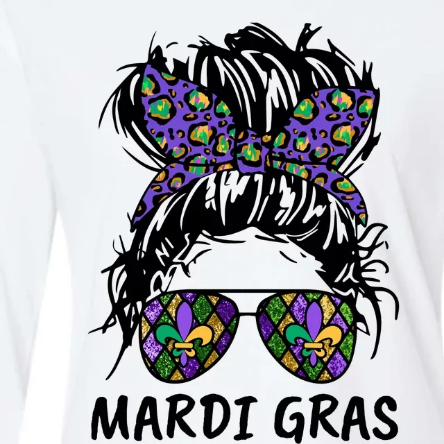 Messy Bun Hair Glasses New Orleans Carnival Mardi Gras Mama Womens Cotton Relaxed Long Sleeve T-Shirt